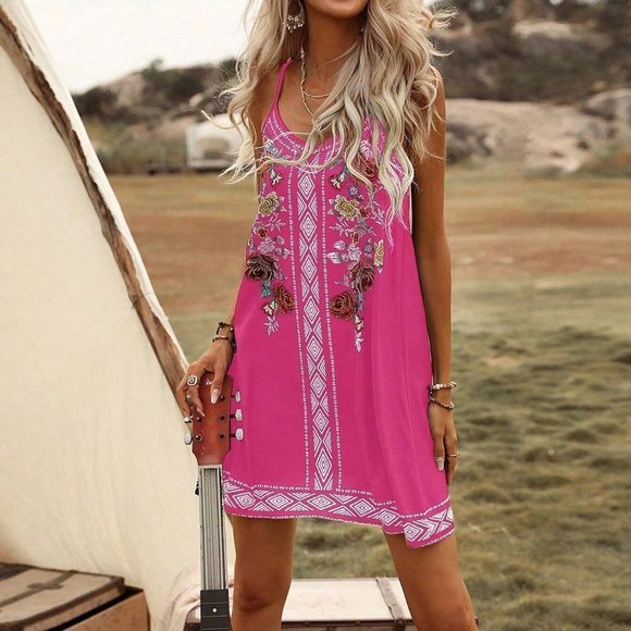 Hot Pink Boho Womens Floral Print Cami Dress - Picture 3 of 4